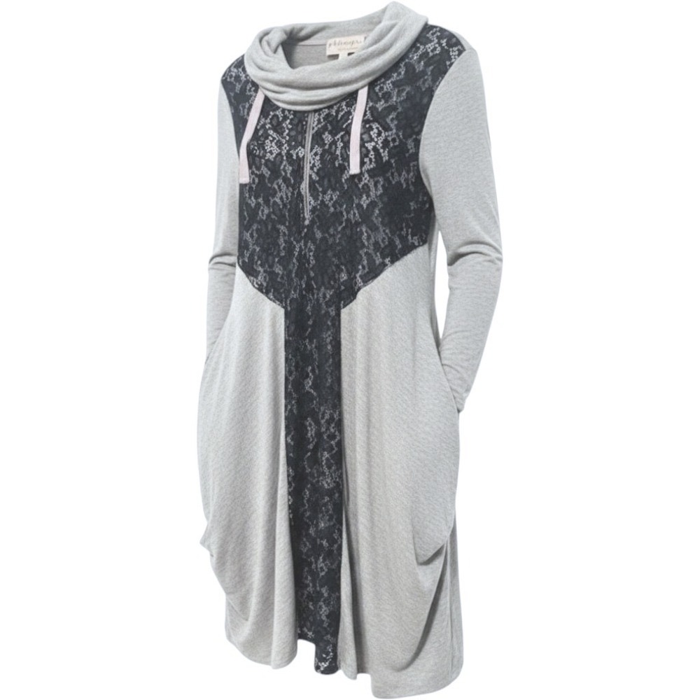 Philosophy Tunic Dress Gray Black Lace Cowl Neck Half Zip Long Sleeve‎ Womens L